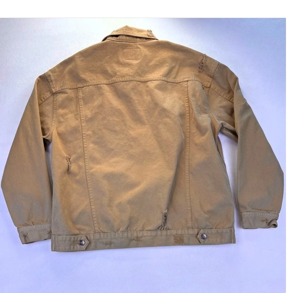 Cotton On 91 Men's Distressed Denim Trucker Jacket Tan Khaki XL Ripped Outerwear